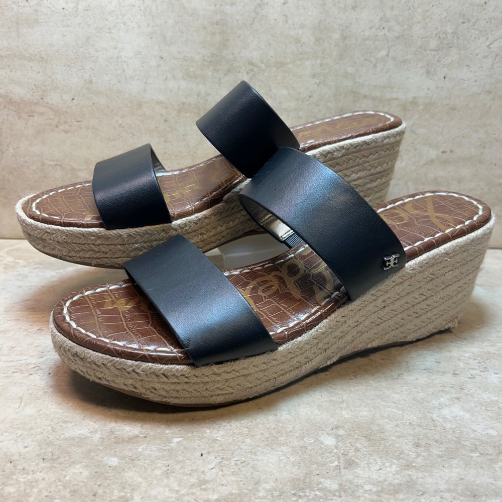 Sam Edelman Rubie Black Leather Double Strap Espadrille Wedge Sandals 9.5M